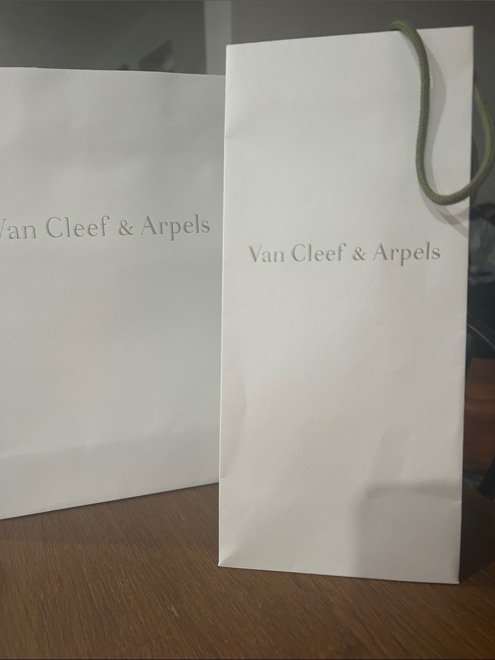 Van Cleef & Arpels White Paper Shopping Bag with Green Rope Handle